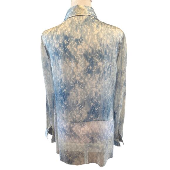 Elie Tahari 100% Blue Green Watery Silk Button down Sheer Sleeves Shirt Medium M - Picture 8 of 10
